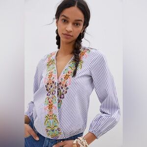 Anthropologie Artemis Embroidered Floral Striped Blouse Top